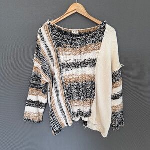 POL Women’s Small Chenille Loose Knit Oversized Color Block Striped Sweater